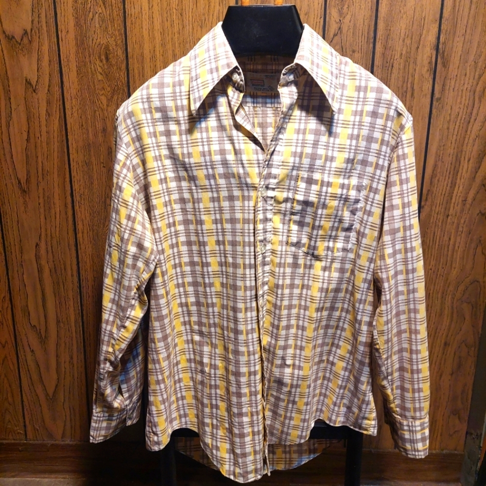 Plaid Men's Shirt in Yellow and Brown Vintage 60s 70s Cranbrook Medium 15 15 1/2
